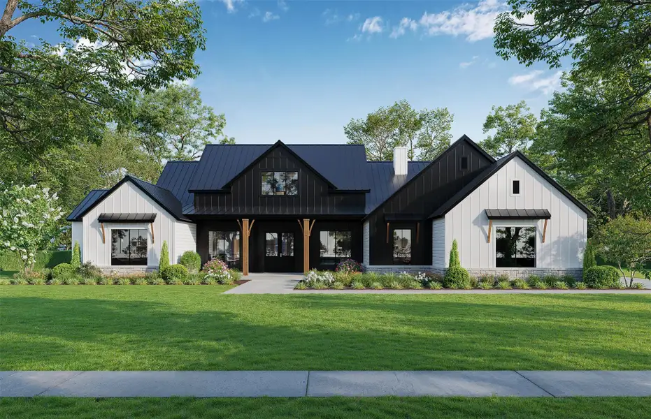 Modern farmhouse design combines with a spacious front lawn and welcoming porch under a dramatic black metal roof. Modern farmhouse design combines with a spacious front lawn and welcoming porch under a dramatic black metal roof.