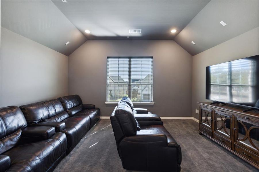 Living room featuring a healthy amount of sunlight, dark carpet, and vaulted ceiling