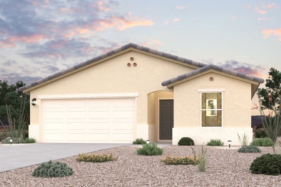 Front exterior of a new home in Coyote Run, Fort Mohave, AZ, highlighting curb appeal (Image 1).