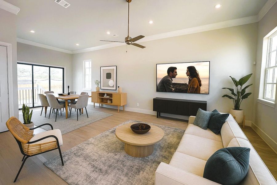 Open Living Room with12 FT Ceilings - Wide Plank wood Floors - Tri-Paneled Glass Doors Open a Future Fenced-in Backyard and Patio (living room and dining room were virtually staged)
