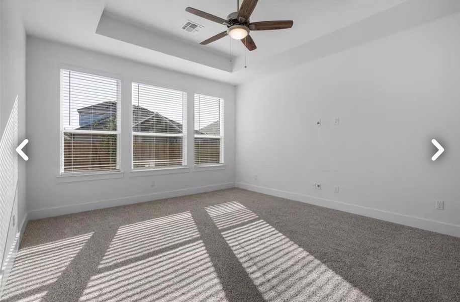 Spare room featuring a raised ceiling, a ceiling fan, and dark colored carpet