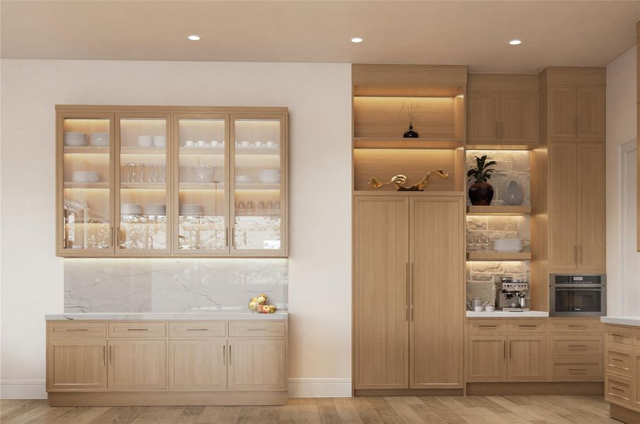 Every element here reflects a blend of refined taste and smart functionality. From the integrated refrigeration and espresso station to the spotlighted shelving, this kitchen wall presents a warm, inviting foundation for custom luxury. Its clean symmetry and natural tones set the stage for effortless daily living.
