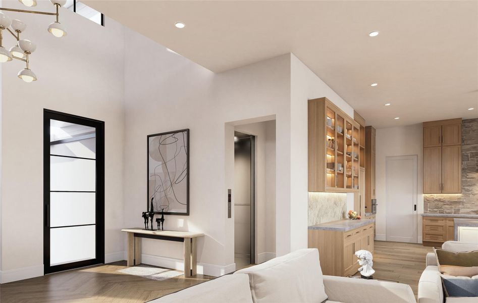 Commanding in stature yet refined in detail, the front exterior showcases the home’s architectural geometry with angular rooflines, stacked stonework, and symmetrical window placement. Floor-to-ceiling glass reveals a stunning staircase inside, while the tiered landscaping and private front entry present a warm, elegant welcome. A true statement piece designed to impress at every angle. Notice the elevators convenient central location.