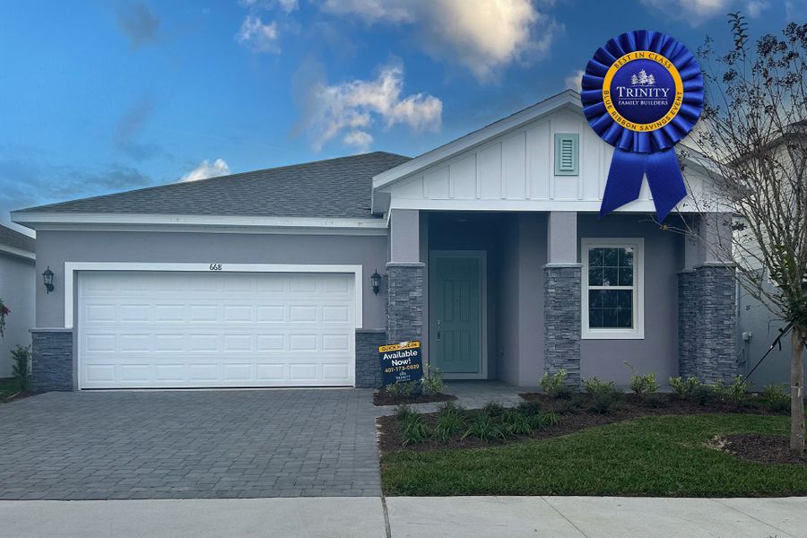 Front exterior of a new home in Trinity Gardens, Deland, FL, highlighting curb appeal (Image 9).