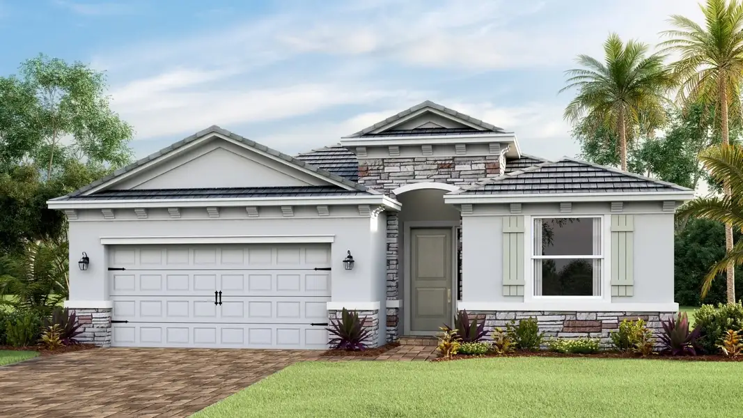 Front exterior of a new home in Archer at Two Rivers, Zephyrhills, FL, highlighting curb appeal (Image 1). Front exterior of a new home in Archer at Two Rivers, Zephyrhills, FL, highlighting curb appeal (Image 1).