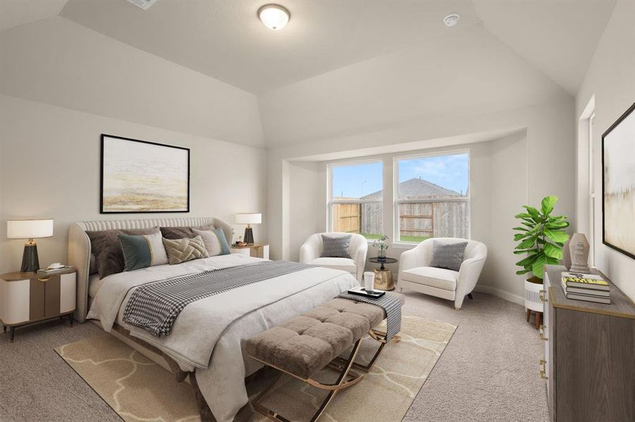 The primary bedroom is generously sized, creating a tranquil and spacious retreat that offers ample room for relaxation. Featuring plush carpet, high ceilings, fresh paint, and large windows that lets in natural lighting throughout the day.