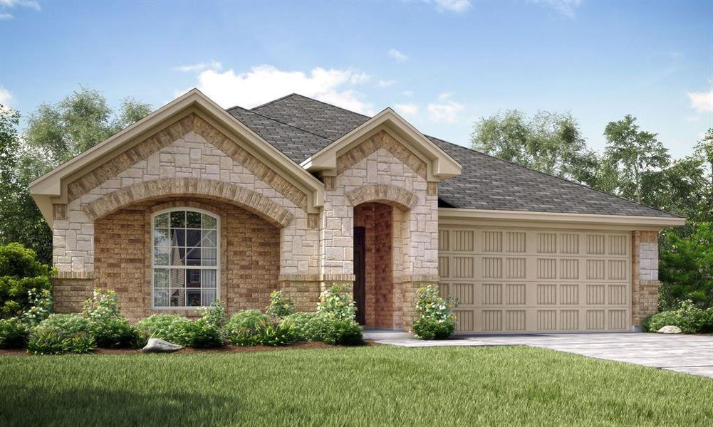 View of front of house with a garage and a front yard