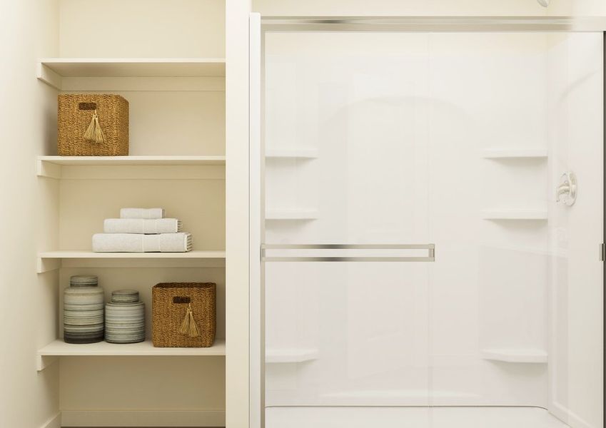 Rendering of a bathroom showing a large shower next to a linen closet. Rendering of a bathroom showing a large shower next to a linen closet.