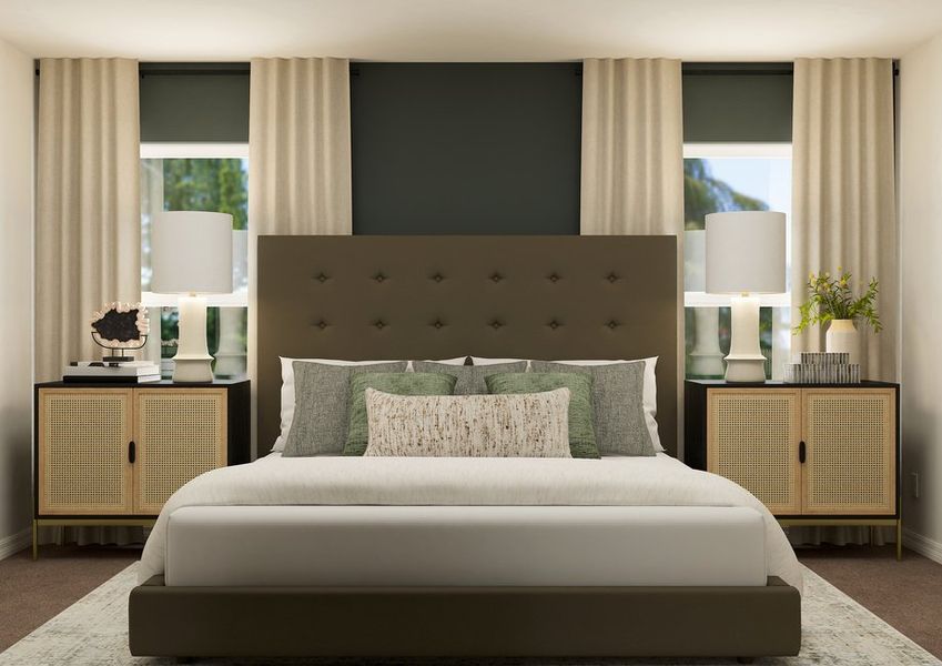 Rendering of the master bedroom with two large windows. Rendering of the master bedroom with two large windows.