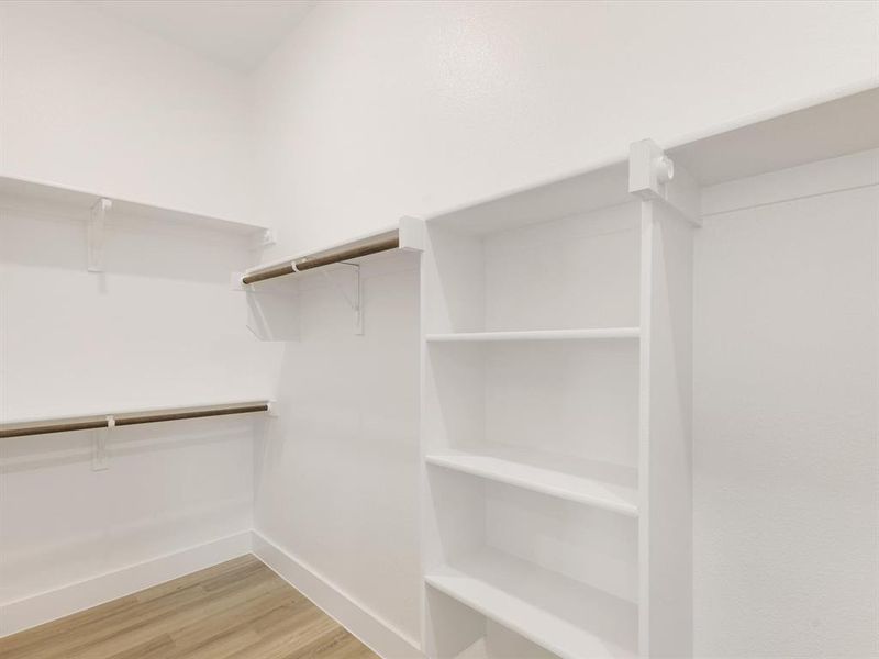 Walk in closet with light wood-style flooring