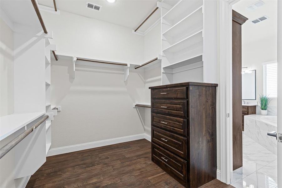 Walk in closet with dark wood-type flooring Walk in closet with dark wood-type flooring