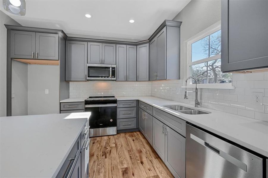 Kitchen featuring sink, gray cabinets, decorative backsplash, appliances with stainless steel finishes, and light wood-type flooring