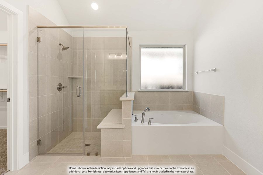 Bathroom with glass-enclosed walk-in shower and soaking tub with tile surround and window Bathroom with glass-enclosed walk-in shower and soaking tub with tile surround and window