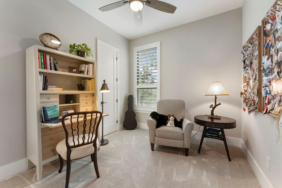 This flexible secondary bedroom benefits from natural light and a quiet position within the home. Walk-in closet access and its own en-suite  make it practical for a variety of needs.