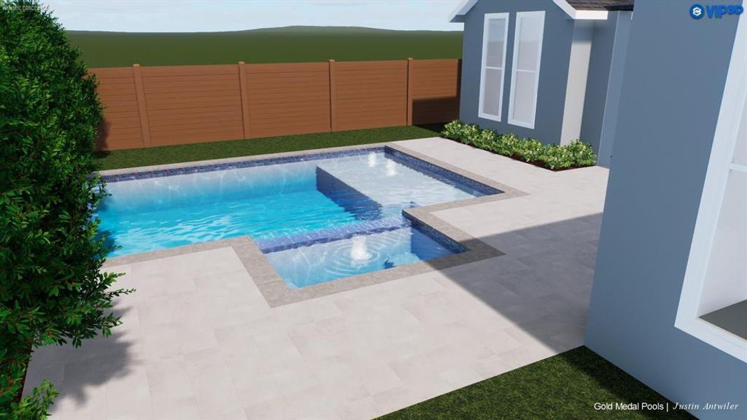 View of swimming pool with a fenced backyard, a patio, and a pool with connected hot tub