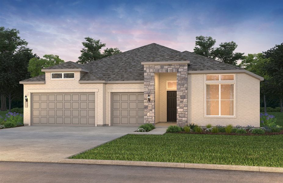 The Renown, a one-story home with 2-car garage, shown with Home Exterior TR201