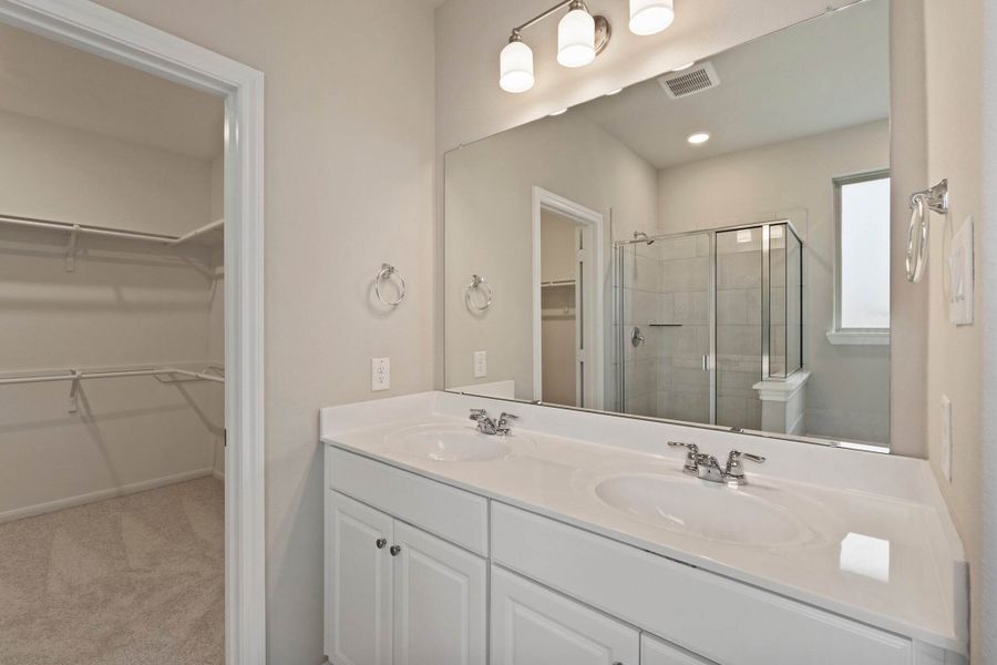 An additional view of primary bathroom featuring a double sink vanity.