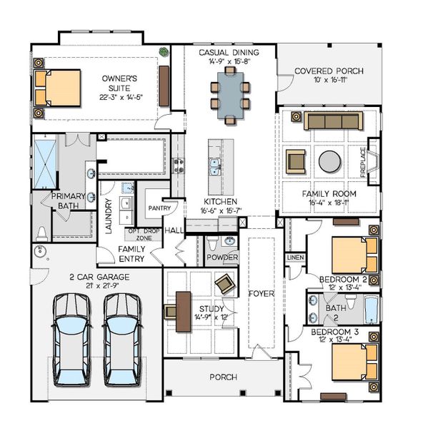2D floor plan layout for the Columbia by Greybrook Homes in Shepherds Trace, Clover, SC (Image 3).