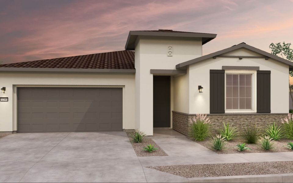 Representative exterior photo of a completed home built from the Marigold by Brookfield Residential in Wildflower at Blossom Rock, Apache Junction, AZ (Image 6).