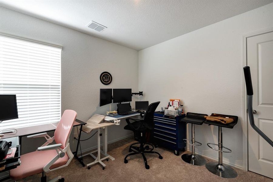 Home office featuring carpet flooring and a healthy amount of sunlight