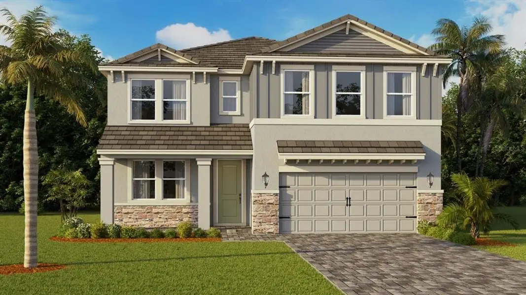 Front exterior of a new home in Hammock at Two Rivers, Zephyrhills, FL, highlighting curb appeal (Image 1). Front exterior of a new home in Hammock at Two Rivers, Zephyrhills, FL, highlighting curb appeal (Image 1).