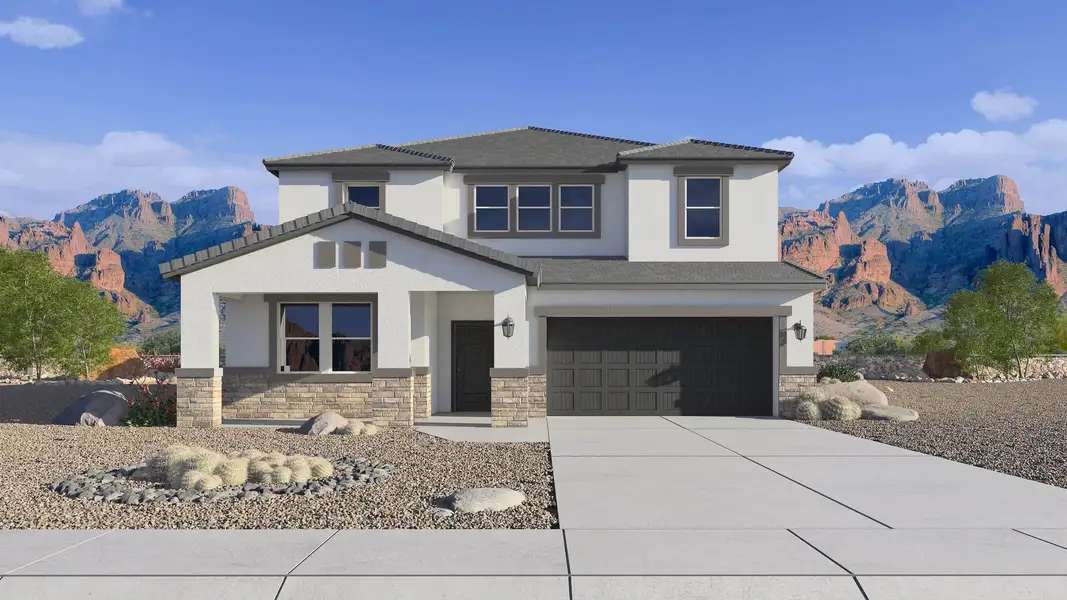 Representative exterior photo of a completed home built from the Miraval by D.R. Horton in The Ridge at Stone Butte, Phoenix, AZ (Image 1).