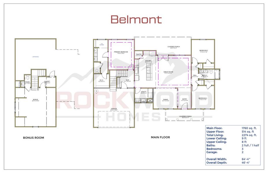 2D floor plan layout for the Belmont by Rockwood Homes in Wofford Estates, Clarksville, TN (Image 3).