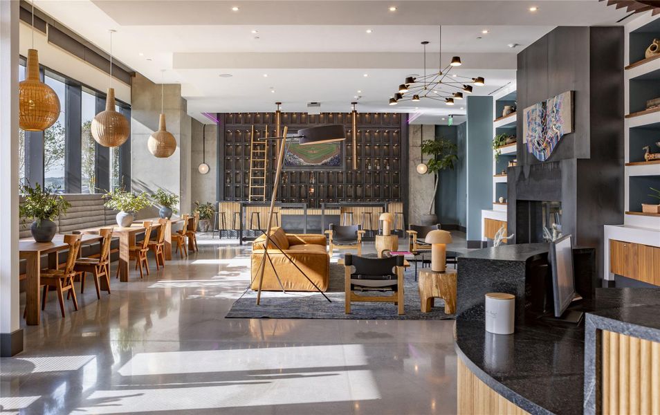 The lobby at Vesper invites residents to connect with neighbors, friends, and family.