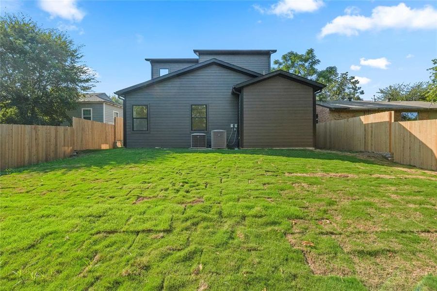 Back of house with a fenced backyard