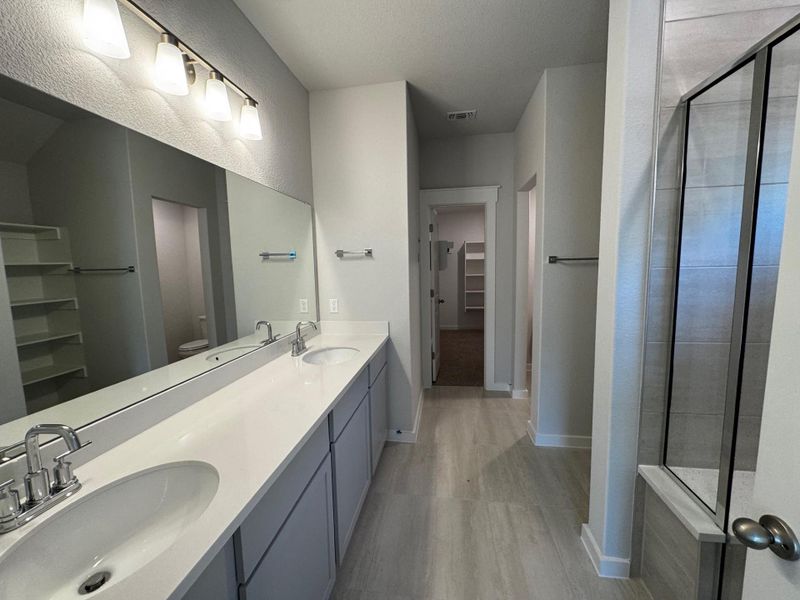 Bathroom with double vanity, a spacious closet, light wood finished floors, a shower stall, and a textured wall