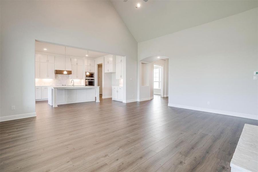 Unfurnished living room featuring light wood-type flooring, sink, and high vaulted ceiling