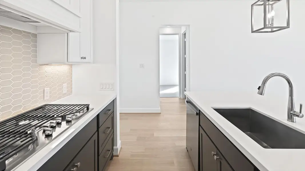 Kitchen featuring dark cabinetry, stainless steel appliances, premium range hood, light wood-style flooring, and pendant lighting