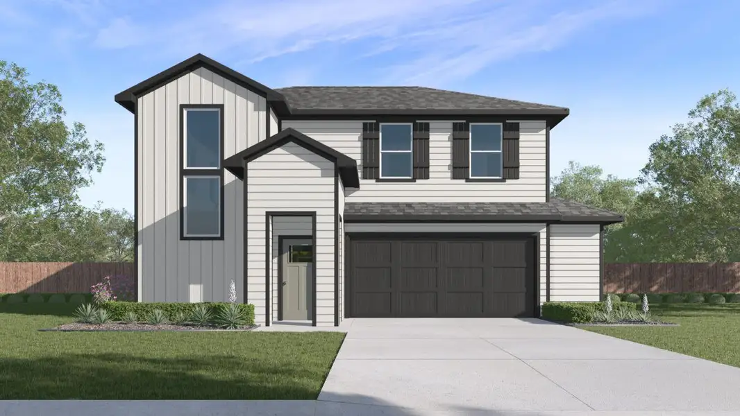 Front exterior of a new home in Paramount, Kyle, TX, highlighting curb appeal (Image 11).