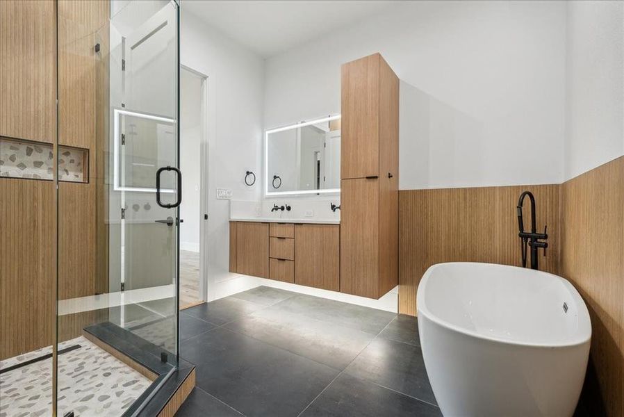 Bathroom featuring plus walk in shower, wooden walls, and vanity