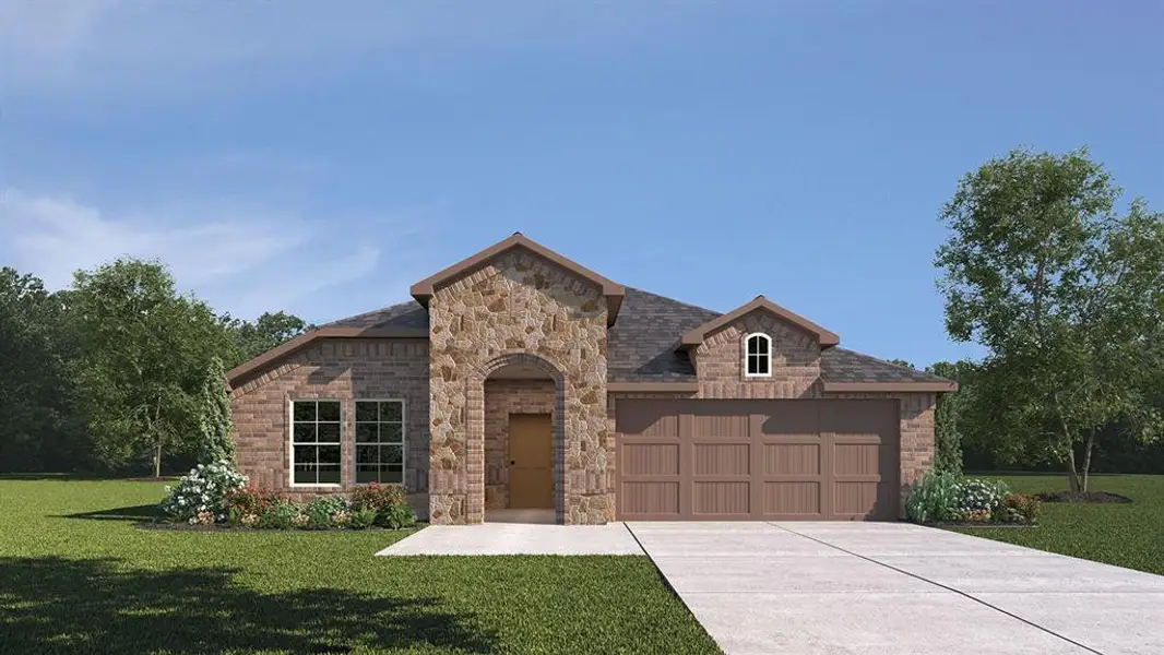 Front exterior of a new home in Woodcreek, Fate, TX, highlighting curb appeal (Image 1). Front exterior of a new home in Woodcreek, Fate, TX, highlighting curb appeal (Image 1).