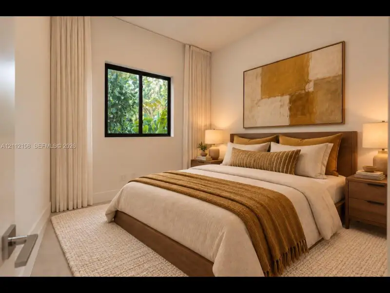 Restful bedroom with a black-trimmed window, full-height curtains, and a soothing neutral palette