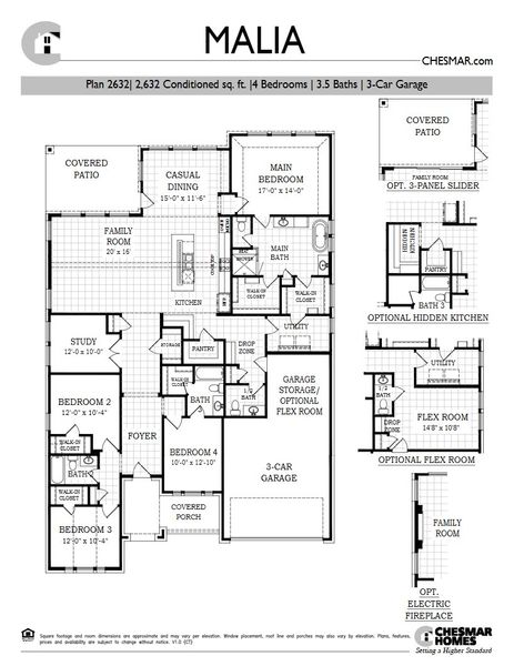 2D floor plan layout for the Malia by Chesmar Homes in Gregg Ranch, Marble Falls, TX (Image 4).