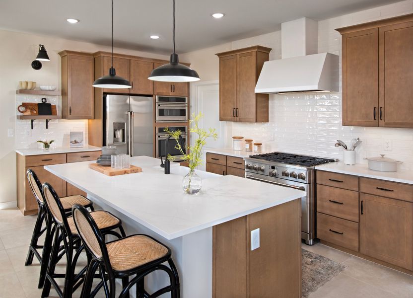 Kitchen with floating shelves and subway tile backsplash Kitchen with floating shelves and subway tile backsplash