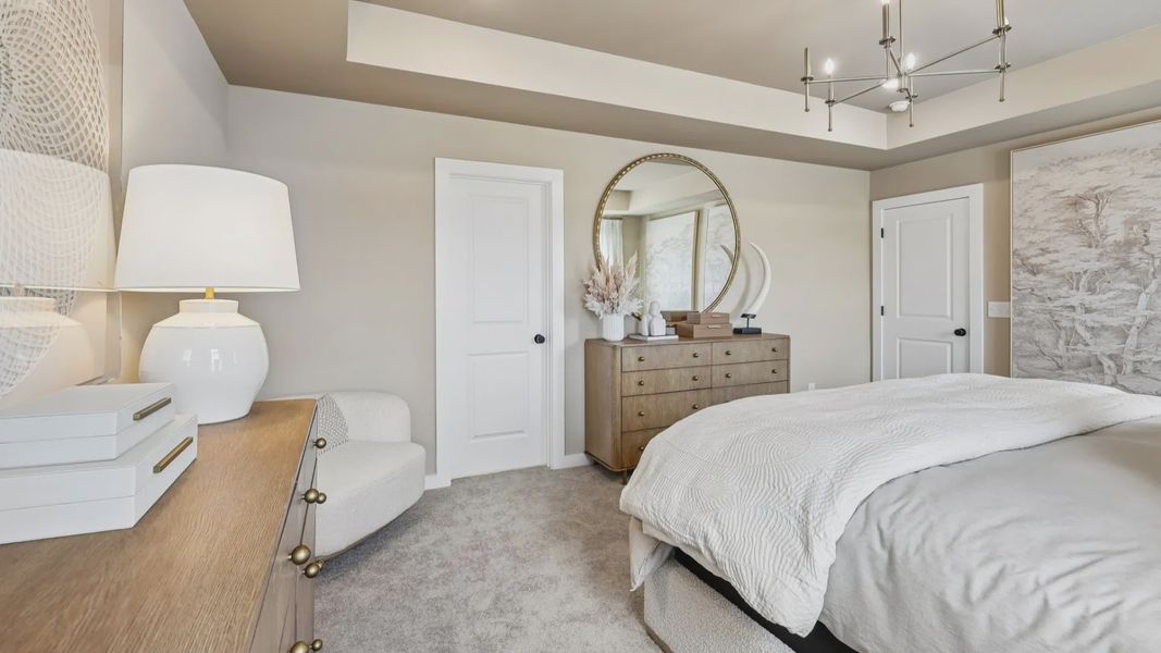 Primary suite with tray ceiling, windows, and carpet