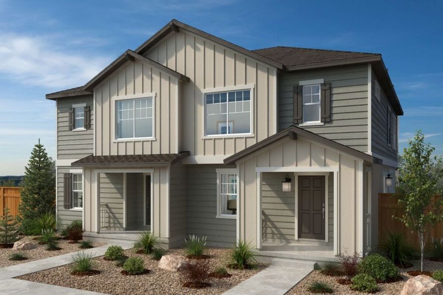 Front exterior of a new home in Farmlore Villas, Brighton, CO, highlighting curb appeal (Image 1).