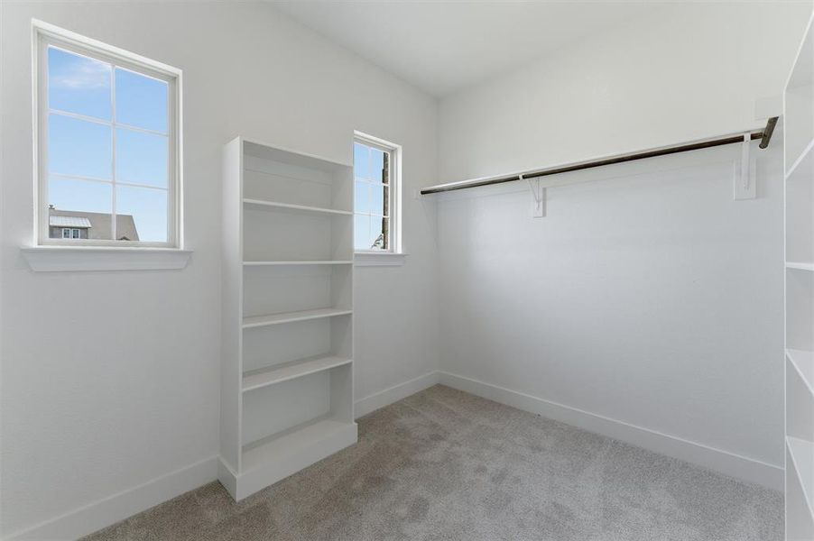 Carpeted interior space featuring white walls and trim