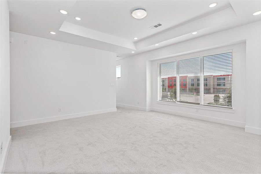 Spare room with a raised ceiling, light carpet, and recessed lighting
