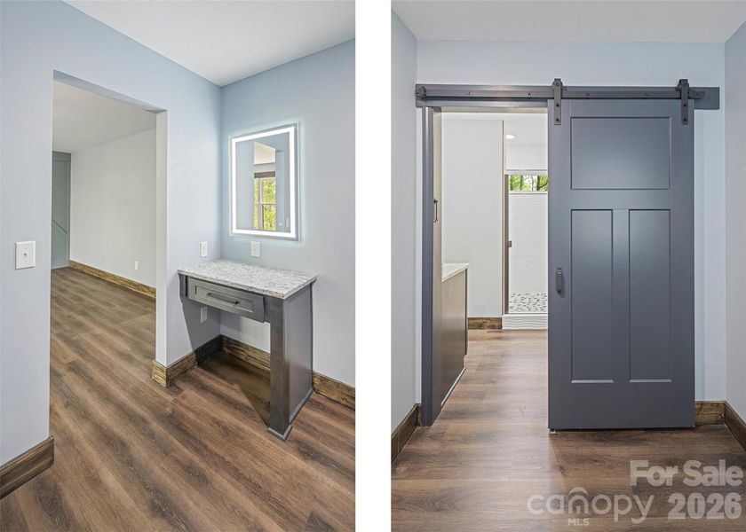 Main Level - Entrance to Primary Ensuite Bathroom with Make-Up Area, Closet & Barn Door