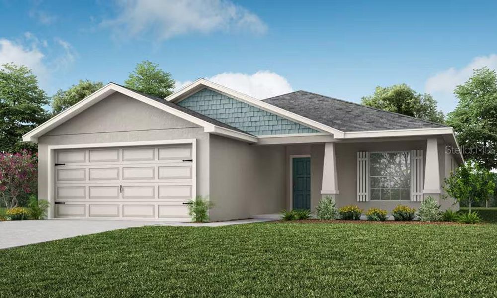 Front exterior of a new home in Geneva Landings, Davenport, FL, highlighting curb appeal (Image 1).