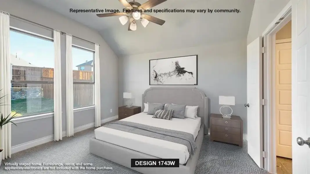 Bedroom featuring ceiling fan, carpet, and vaulted ceiling