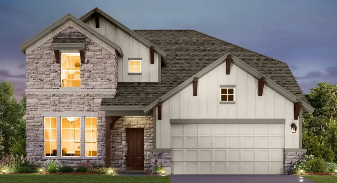 Front exterior of a new home in The Trails at Carmel, Pflugerville, TX, highlighting curb appeal (Image 1). Front exterior of a new home in The Trails at Carmel, Pflugerville, TX, highlighting curb appeal (Image 1).