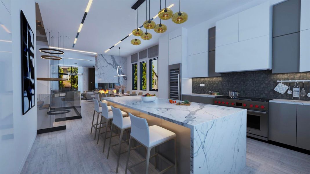 This modern kitchen features a spacious marble island with seating, sleek cabinetry, and high-end stainless steel appliances. It flows into a bright, open living area with large windows and contemporary lighting fixtures, creating a welcoming and stylish space. This modern kitchen features a spacious marble island with seating, sleek cabinetry, and high-end stainless steel appliances. It flows into a bright, open living area with large windows and contemporary lighting fixtures, creating a welcoming and stylish space.