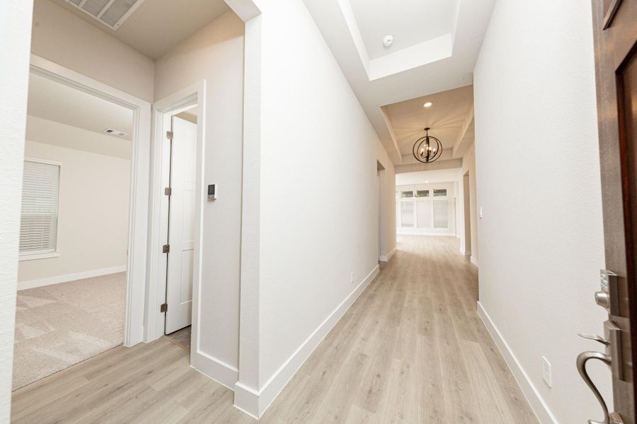 The grand entryway sets an elegant and inviting tone for the home, designed to make a strong first impression. The entryway is illuminated by a stunning black iron orb chandelier, which serves as a significant focal point.