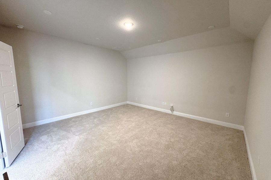 Spacious room featuring neutral carpeting, light-toned walls, recessed lighting, and a paneled door with contemporary hardware