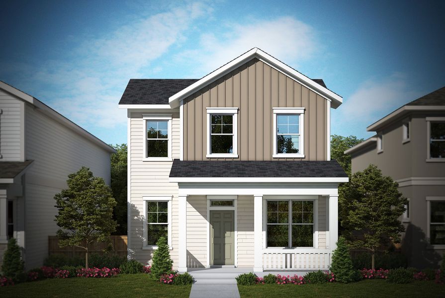 Representative exterior photo of a completed home built from the The Averett by David Weekley Homes in Revel Crossing at Wolf Ranch – The Outlook Collection, Colorado Springs, CO (Image 2).